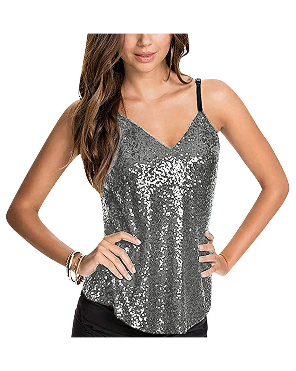 Women's Summer Sequin Vest Sleeveless U-Neck Beaded Backless Top Sling T-Shirt - N-silver - CB194A8NLU3 $14.14 Thermal Underwear