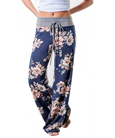 Women's Comfy Casual Pajama Pants Floral Print Drawstring Long Wide Leg Lounge Pants - D-blue - C3196DHS0YZ $29.56 Bottoms