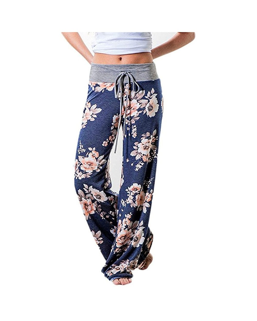 Women's Comfy Casual Pajama Pants Floral Print Drawstring Long Wide Leg Lounge Pants - D-blue - C3196DHS0YZ $29.56 Bottoms