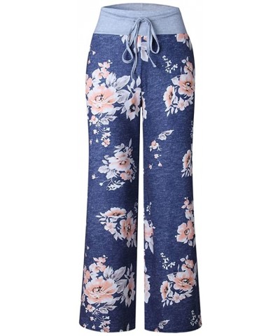 Women's Comfy Casual Pajama Pants Floral Print Drawstring Long Wide Leg Lounge Pants - D-blue - C3196DHS0YZ $29.56 Bottoms