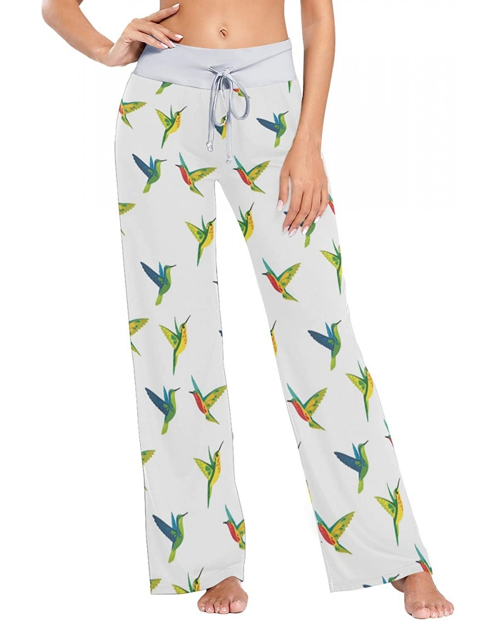 Women's Comfy Stretch High Waist Drawstring Palazzo Wide Leg Pants - Hummingbirds Pattern - C8199E5C68H $44.11 Bottoms