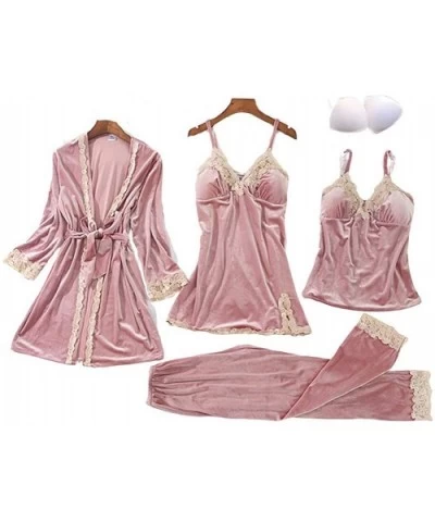 Velvet Pajamas for Women Warm Sleepwear Soft V-Neck 4 Piece Sets with Chest Pads - Pink - CZ19DE09E9O $65.69 Sets