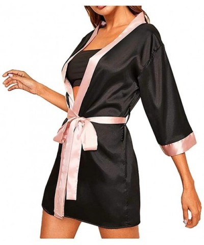 Womens Robes Sexy Lace Trim Knit Soft Lightweight Long Sleeve Sleepwear S-XXXL - Black - CR1942MG5OO $20.93 Nightgowns & Slee...