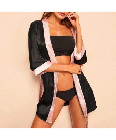 Womens Robes Sexy Lace Trim Knit Soft Lightweight Long Sleeve Sleepwear S-XXXL - Black - CR1942MG5OO $20.93 Nightgowns & Slee...