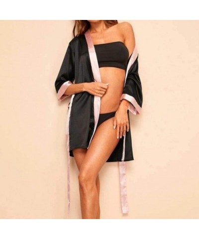 Womens Robes Sexy Lace Trim Knit Soft Lightweight Long Sleeve Sleepwear S-XXXL - Black - CR1942MG5OO $20.93 Nightgowns & Slee...