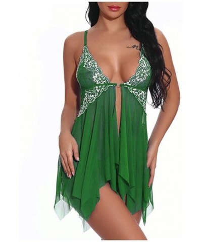 Lingerie for Women Front Closure Babydoll Lace V Neck Mesh Sleepwear Lingerie - Green - C919D448RXR $15.50 Robes