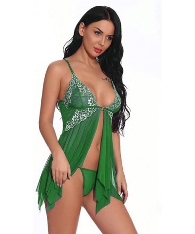 Lingerie for Women Front Closure Babydoll Lace V Neck Mesh Sleepwear Lingerie - Green - C919D448RXR $15.50 Robes