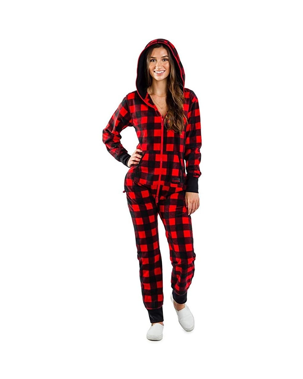 Women's Hooded Onesie Pajamas Christmas Plaid Printed Adult PJs Rompers Lounge Sleepwear Overall Jumpsuit - Red 2 - CC192T43Z...