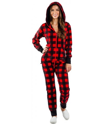 Women's Hooded Onesie Pajamas Christmas Plaid Printed Adult PJs Rompers Lounge Sleepwear Overall Jumpsuit - Red 2 - CC192T43Z...