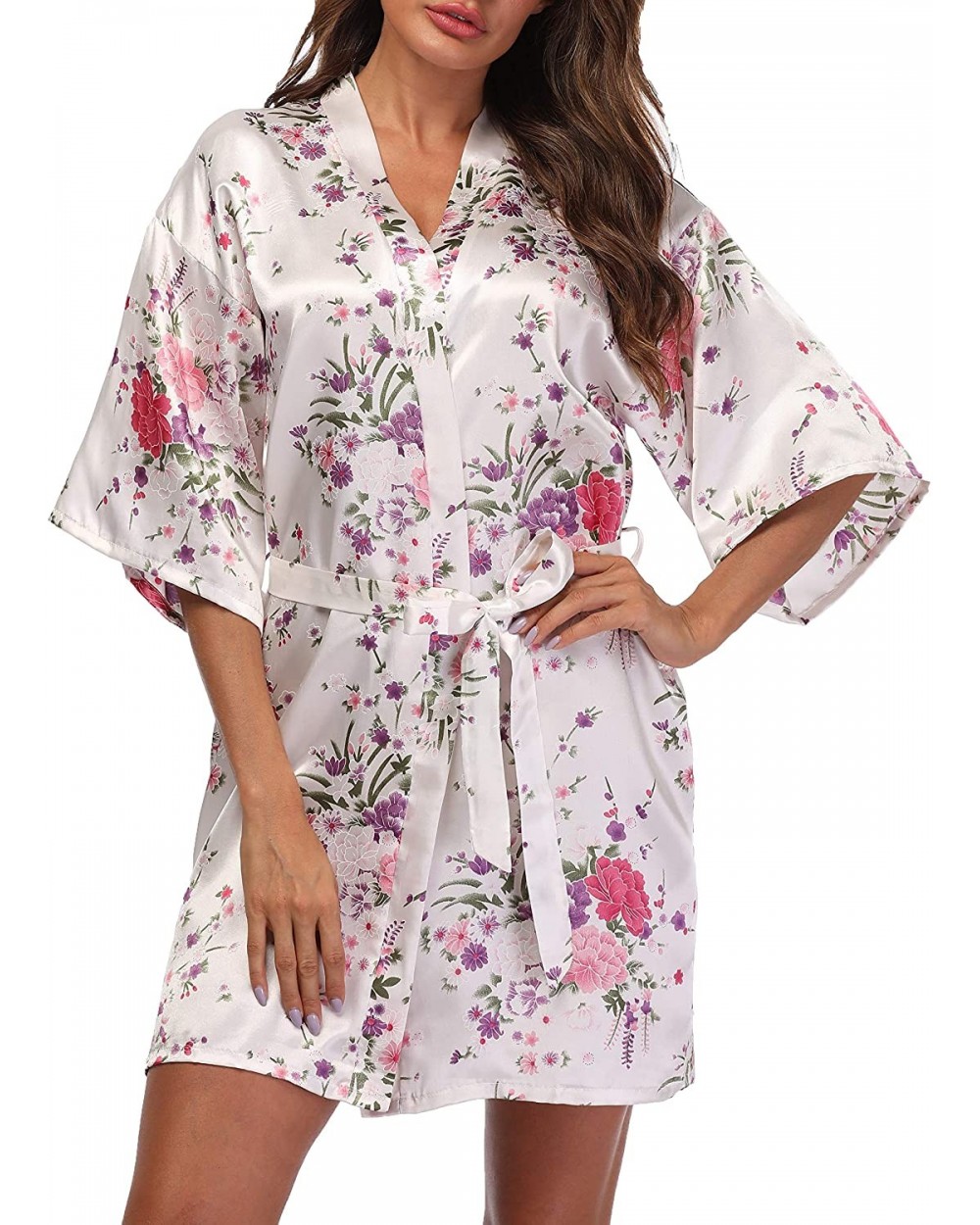 Women's Short Floral Kimono Robe Blossom Bathrobe for Wedding Party Bridal Dressing Gown Sleepwear - White - C918SOXOWGE $16....