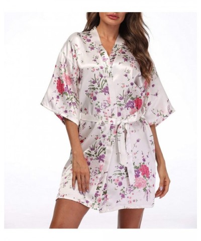 Women's Short Floral Kimono Robe Blossom Bathrobe for Wedding Party Bridal Dressing Gown Sleepwear - White - C918SOXOWGE $16....