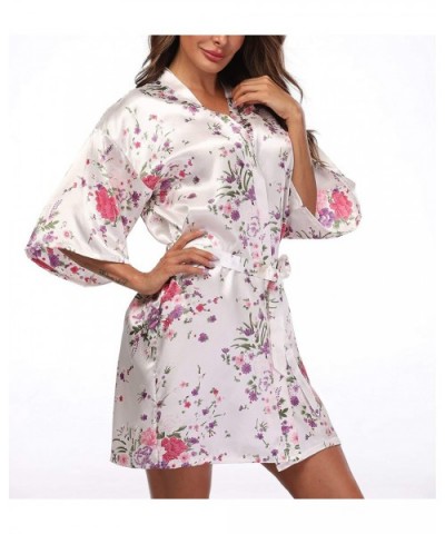 Women's Short Floral Kimono Robe Blossom Bathrobe for Wedding Party Bridal Dressing Gown Sleepwear - White - C918SOXOWGE $16....