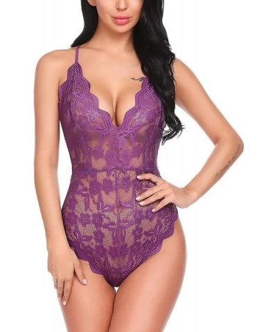 Women Bodysuits Lace Backless Plunge V Neck Strap Halter Bodycon Babydoll - 293purple - CN197XAQ66A $38.54 Baby Dolls & Chemises