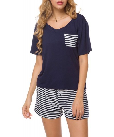 Women Nightwear Short Sleeve Shirt and Shorts Pajama Set V Neck Sleepwear - Navy Striped - CY18RLY9RN8 $37.85 Sets