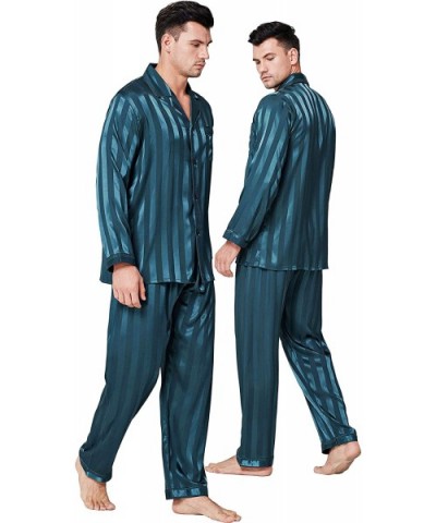 Mens Satin Long Button-Down Pajamas Set- Stripped PJ- S~4XL - Green Striped - CH18KOC78E4 $47.42 Sleep Sets