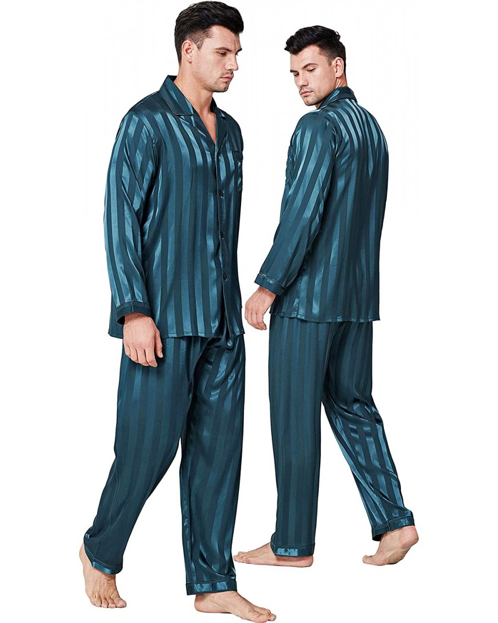 Mens Satin Long Button-Down Pajamas Set- Stripped PJ- S~4XL - Green Striped - CH18KOC78E4 $47.42 Sleep Sets