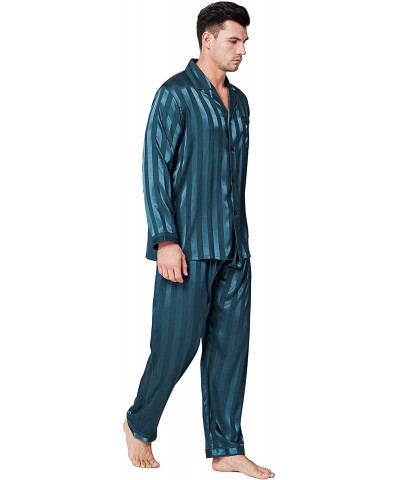 Mens Satin Long Button-Down Pajamas Set- Stripped PJ- S~4XL - Green Striped - CH18KOC78E4 $47.42 Sleep Sets