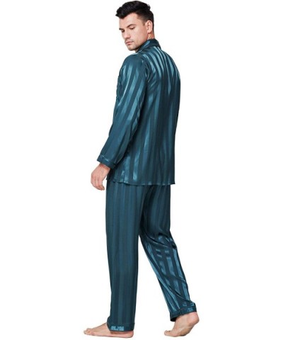 Mens Satin Long Button-Down Pajamas Set- Stripped PJ- S~4XL - Green Striped - CH18KOC78E4 $47.42 Sleep Sets