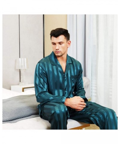 Mens Satin Long Button-Down Pajamas Set- Stripped PJ- S~4XL - Green Striped - CH18KOC78E4 $47.42 Sleep Sets