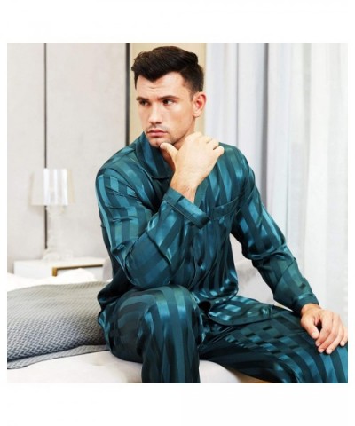 Mens Satin Long Button-Down Pajamas Set- Stripped PJ- S~4XL - Green Striped - CH18KOC78E4 $47.42 Sleep Sets