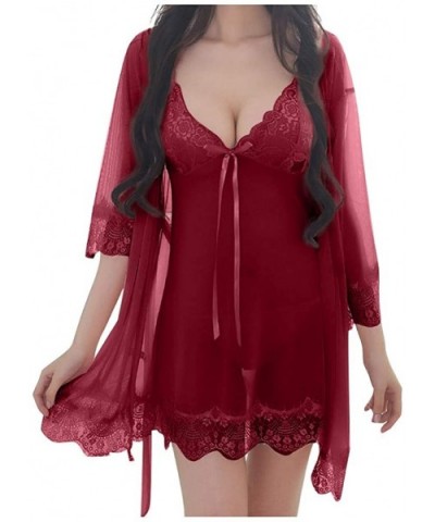 Sexy Wireless Rimless Pajamas Lace Silk Underwear Women Sexy Lingerie - Winered - CP1938CZDSW $27.92 Bustiers & Corsets