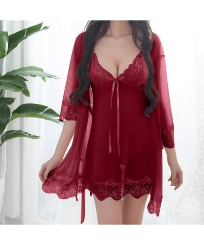 Sexy Wireless Rimless Pajamas Lace Silk Underwear Women Sexy Lingerie - Winered - CP1938CZDSW $27.92 Bustiers & Corsets