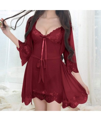 Sexy Wireless Rimless Pajamas Lace Silk Underwear Women Sexy Lingerie - Winered - CP1938CZDSW $27.92 Bustiers & Corsets