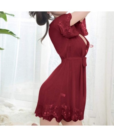 Sexy Wireless Rimless Pajamas Lace Silk Underwear Women Sexy Lingerie - Winered - CP1938CZDSW $27.92 Bustiers & Corsets