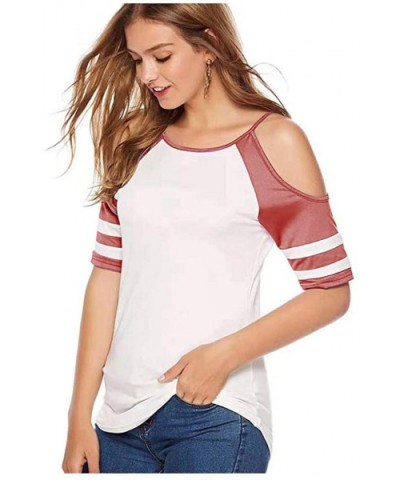 Women Casual Blouse Large Size Sling Off Shoulder Short Sleeve Colorblock T Shirt Tunics - Red - C8193GN4AWO $23.30 Slips