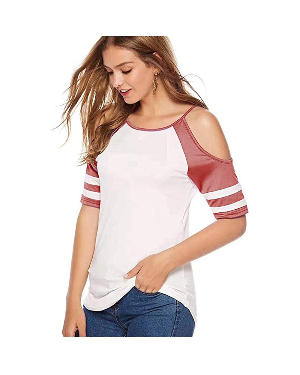 Women Casual Blouse Large Size Sling Off Shoulder Short Sleeve Colorblock T Shirt Tunics - Red - C8193GN4AWO $23.30 Slips