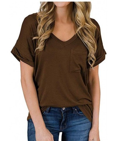 Women Summer Casual Short Sleeve V-Neck Pocket Ruffled Loose Solid Color T-Shirt Tops Blouse - Coffee - CG19CUWR0TK $29.63 Ni...