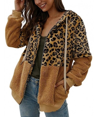 Women Leopard Sherpa Jacket Plush Hoodie Shaggy Sweater Shearling Fluffy Sweatshirt Fleece Coat Cardigan Outwear Khaki - CG19...