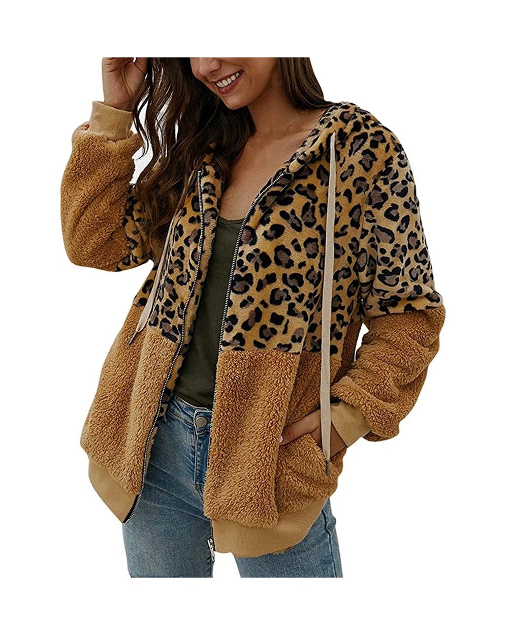 Women Leopard Sherpa Jacket Plush Hoodie Shaggy Sweater Shearling Fluffy Sweatshirt Fleece Coat Cardigan Outwear Khaki - CG19...