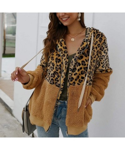 Women Leopard Sherpa Jacket Plush Hoodie Shaggy Sweater Shearling Fluffy Sweatshirt Fleece Coat Cardigan Outwear Khaki - CG19...