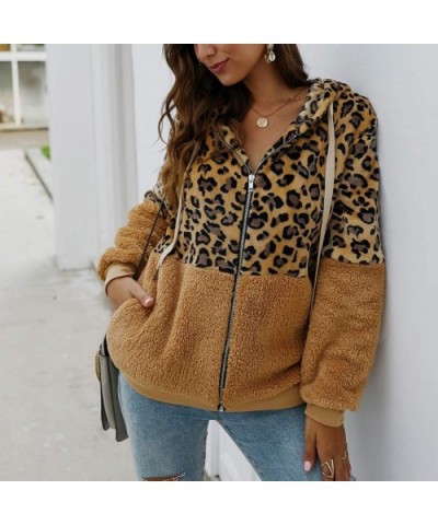 Women Leopard Sherpa Jacket Plush Hoodie Shaggy Sweater Shearling Fluffy Sweatshirt Fleece Coat Cardigan Outwear Khaki - CG19...