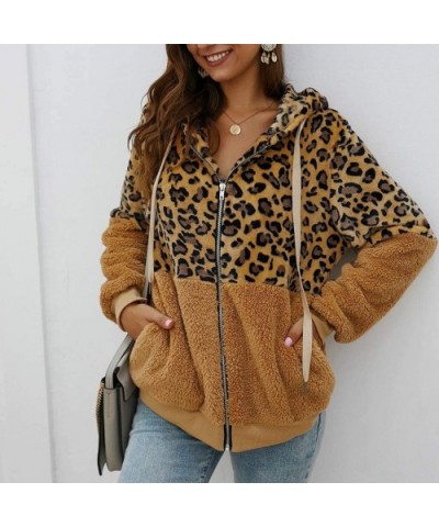 Women Leopard Sherpa Jacket Plush Hoodie Shaggy Sweater Shearling Fluffy Sweatshirt Fleece Coat Cardigan Outwear Khaki - CG19...