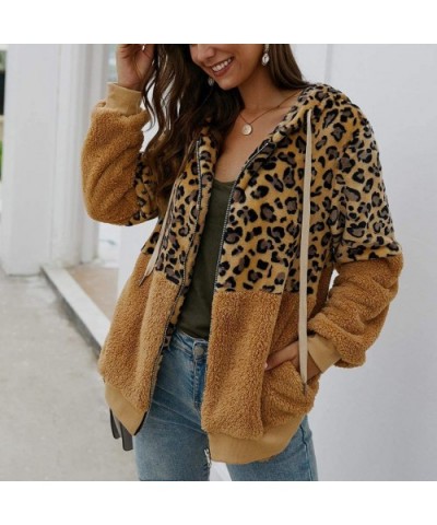 Women Leopard Sherpa Jacket Plush Hoodie Shaggy Sweater Shearling Fluffy Sweatshirt Fleece Coat Cardigan Outwear Khaki - CG19...