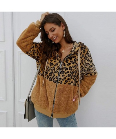 Women Leopard Sherpa Jacket Plush Hoodie Shaggy Sweater Shearling Fluffy Sweatshirt Fleece Coat Cardigan Outwear Khaki - CG19...