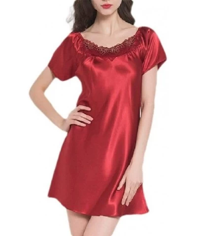 Plus Size Loose Fit Round Neck Lace Satin Short Sleeve Nightgown Night Dress - Red - CK19DNQ7G0N $40.35 Nightgowns & Sleepshirts