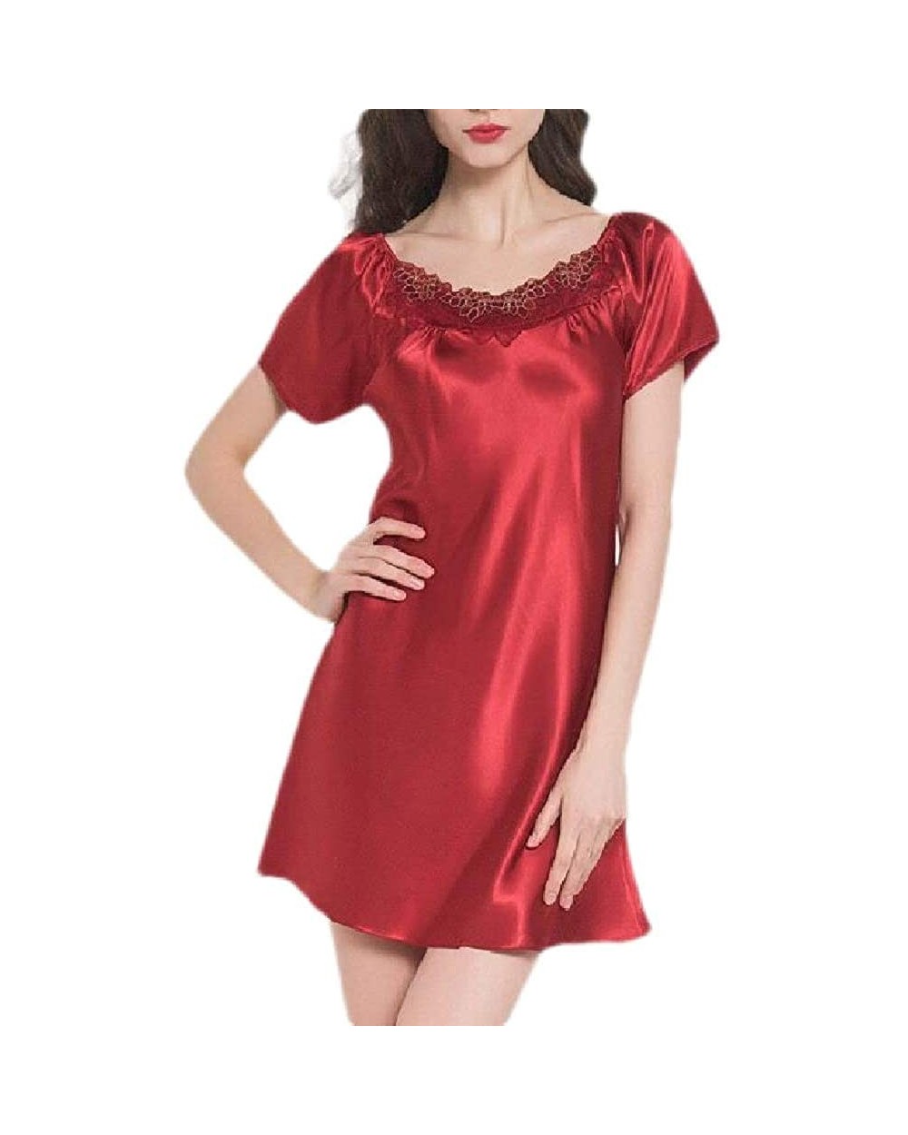 Plus Size Loose Fit Round Neck Lace Satin Short Sleeve Nightgown Night Dress - Red - CK19DNQ7G0N $40.35 Nightgowns & Sleepshirts