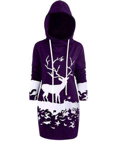 Womens Hooded Christmas Monochrome Elk Printed Tops Drawstring Long Sleeve Mini Dress - Purple - C21920KQN28 $38.31 Slips