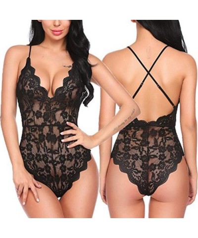 Teddy Lingerie Women Lingerie Bodysuit Babydoll One Piece Lace Halter Teddy Chemise Sleepwear - Black - CK197KT9T03 $13.68 Ba...