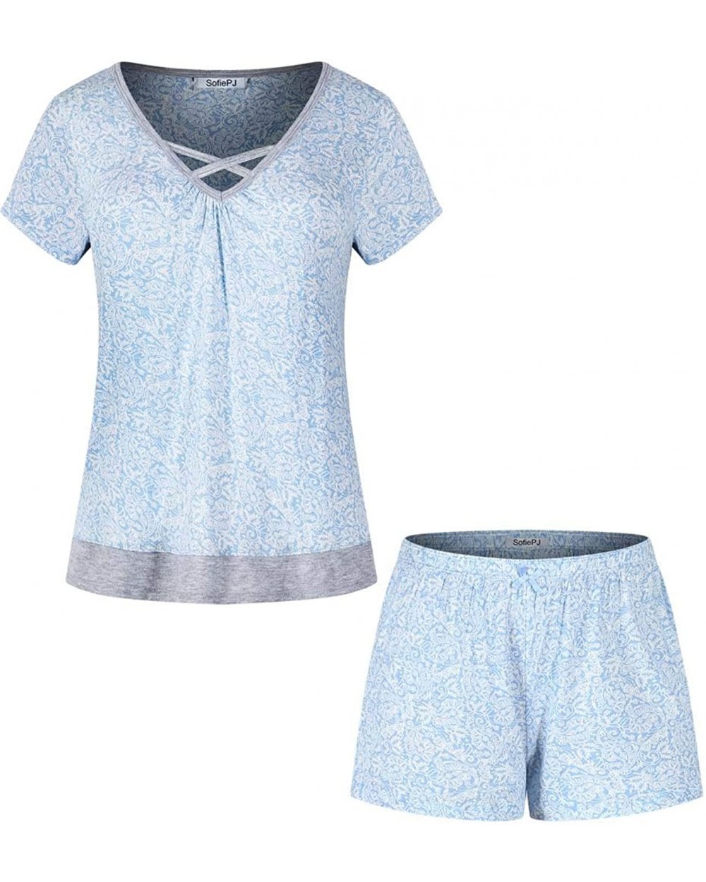 Women's Rayon Spandex Printed Scoop Neck Short Sleepwear Pajama Set with Short Sleeve Short Pants and Satin Trim - Light Blue...