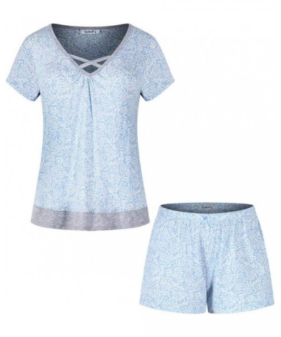 Women's Rayon Spandex Printed Scoop Neck Short Sleepwear Pajama Set with Short Sleeve Short Pants and Satin Trim - Light Blue...