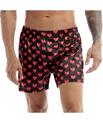 Men's Satin Lips Heart Printed Boxer Shorts Summer Lounge Underwear Beach Cargo Board Shorts - Black Love Heart Print - C5196...