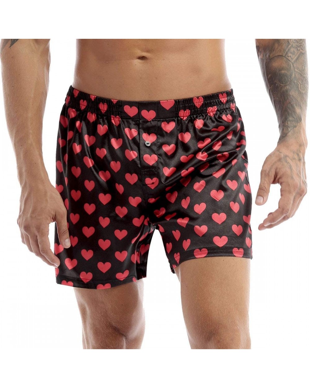 Men's Satin Lips Heart Printed Boxer Shorts Summer Lounge Underwear Beach Cargo Board Shorts - Black Love Heart Print - C5196...