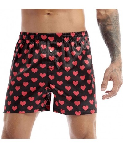 Men's Satin Lips Heart Printed Boxer Shorts Summer Lounge Underwear Beach Cargo Board Shorts - Black Love Heart Print - C5196...