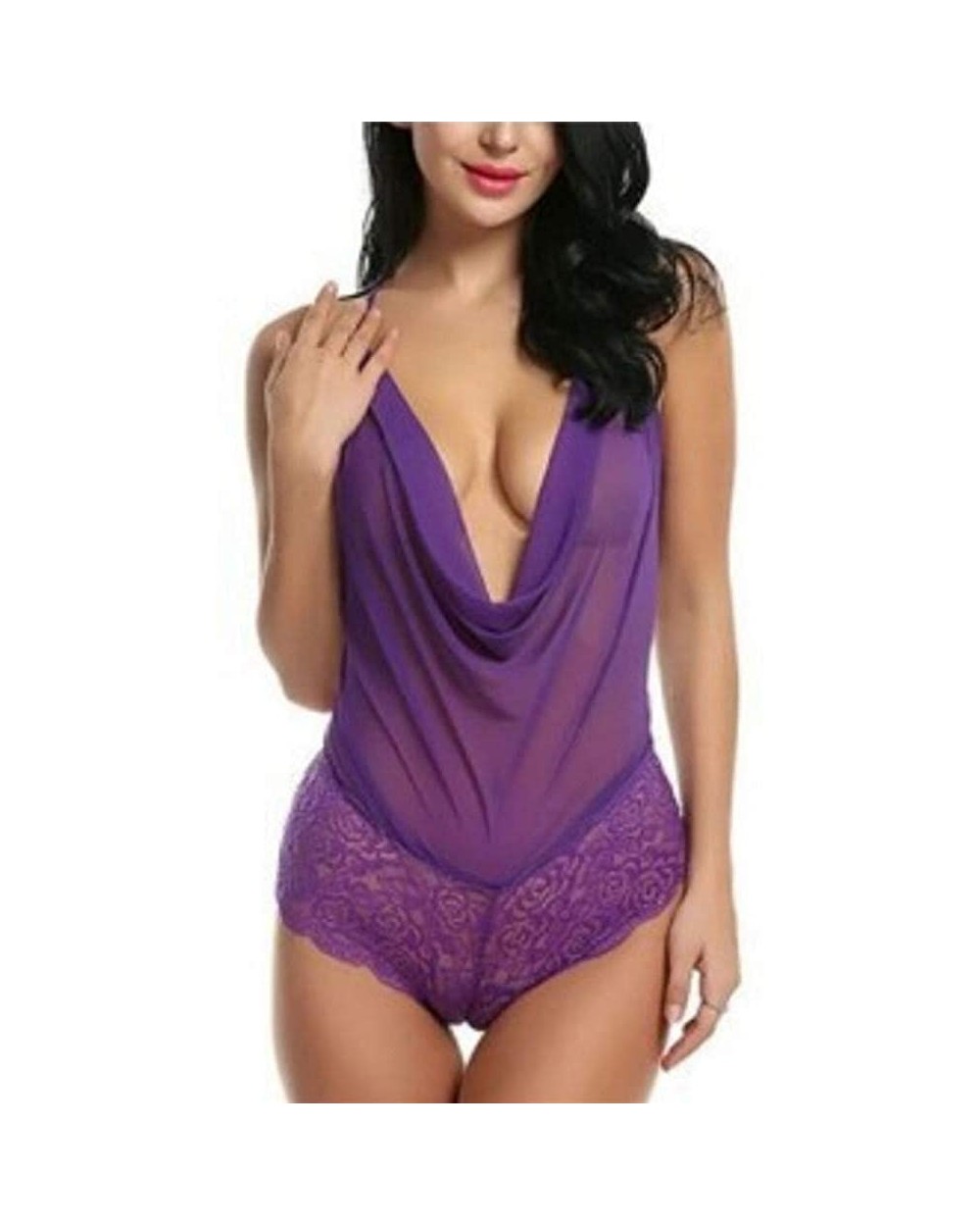 Lingerie for Women for Sex Womens Silk Pajamas Sexy Satin Underwear Jumpsuit Bodysuit Teddy Lingerie Sleepwear - Z1-purple - ...