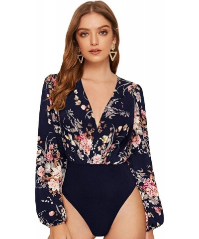 Women's Long Sleeve Wrap V-Neck Leotard Jumpsuit Bodysuit - Floral Navy-1 - C718Z5YWSSE $42.20 Shapewear