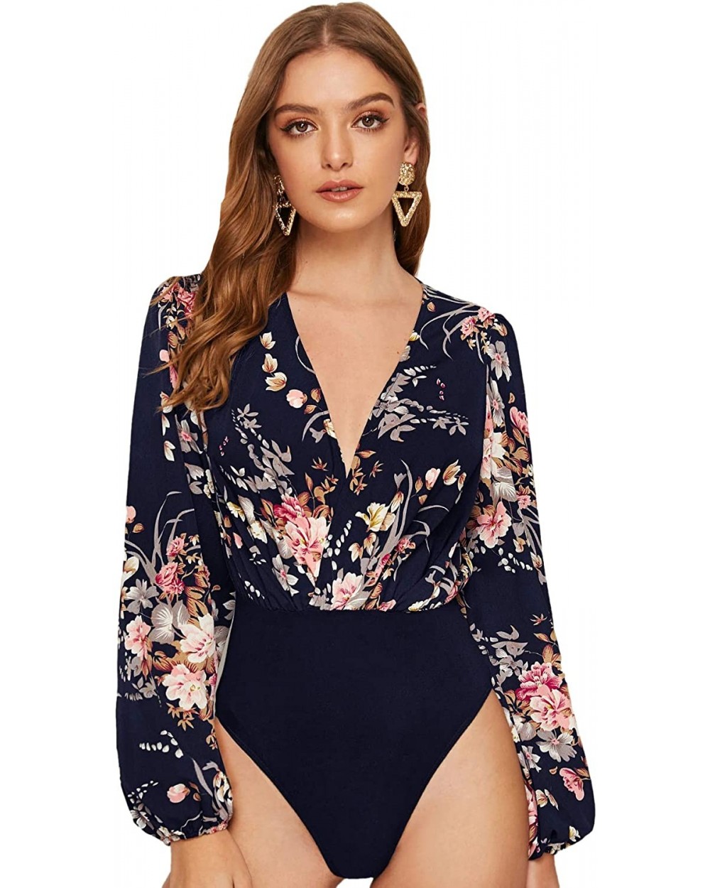 Women's Long Sleeve Wrap V-Neck Leotard Jumpsuit Bodysuit - Floral Navy-1 - C718Z5YWSSE $42.20 Shapewear